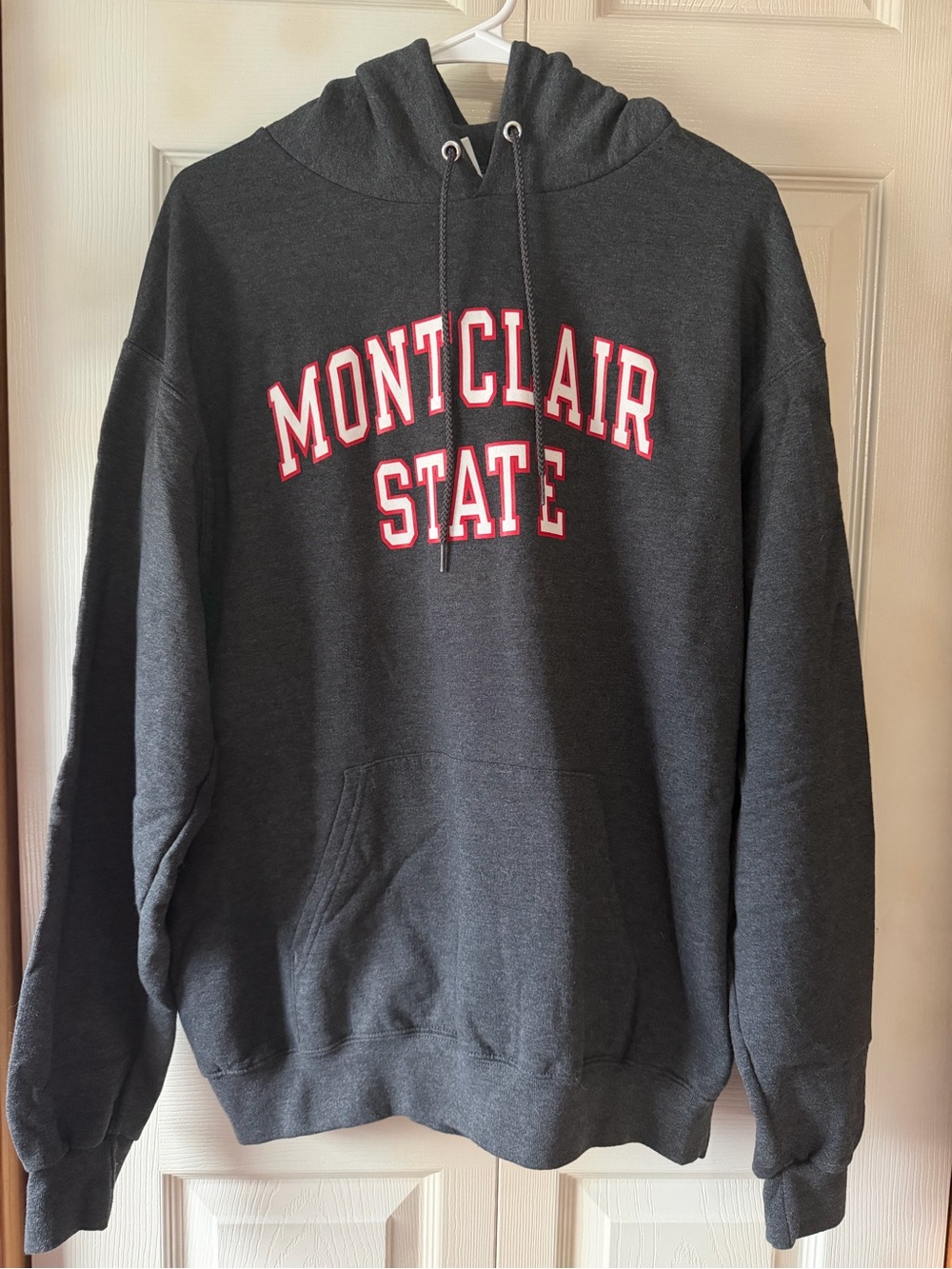 Champion Charcoal Hoodie with Red and White Lettering